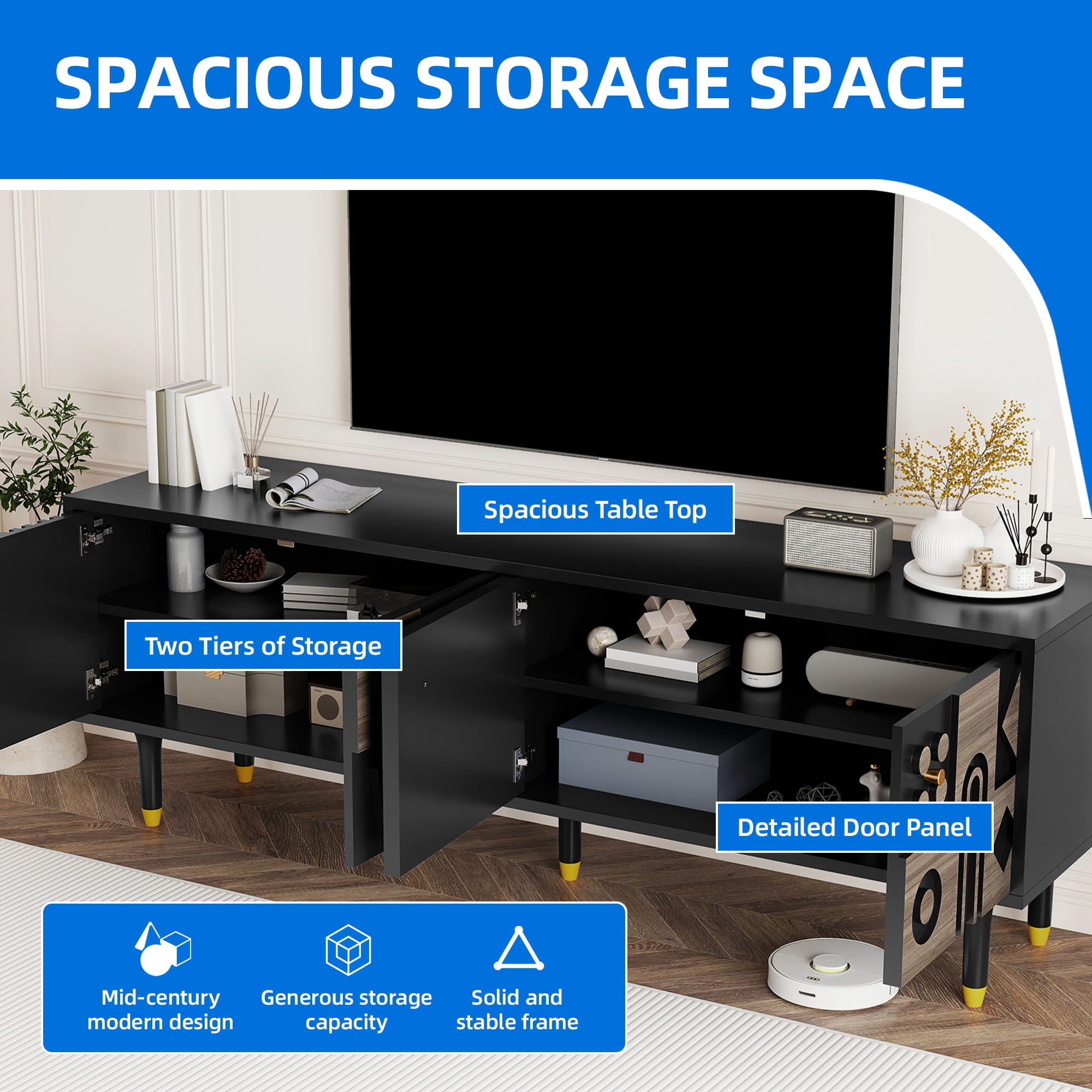 Uforic 70" Mid-Century TV Stand for TVs Up to 80", Entertainment Center with Textured Doors & Storage, Black & Walnut