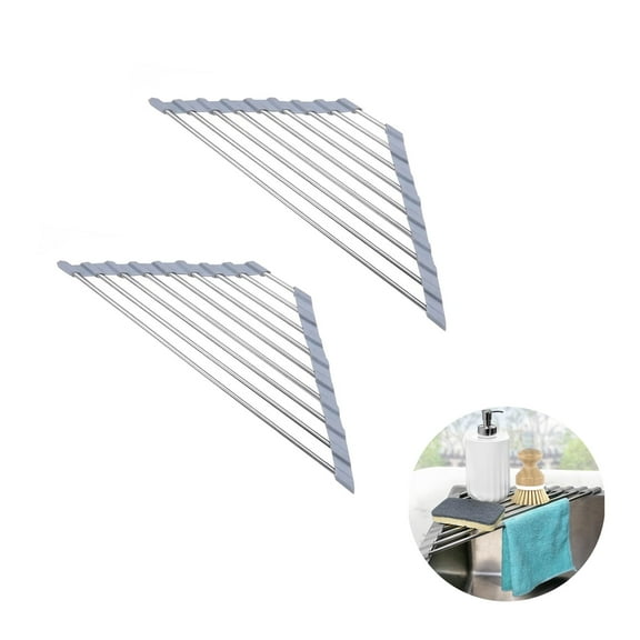 Triangle Foldable Dish Drying Rack for Sink Corner, Space Saving Over-Sink Organizer with Drainer Tray,2 Pack, Gray
