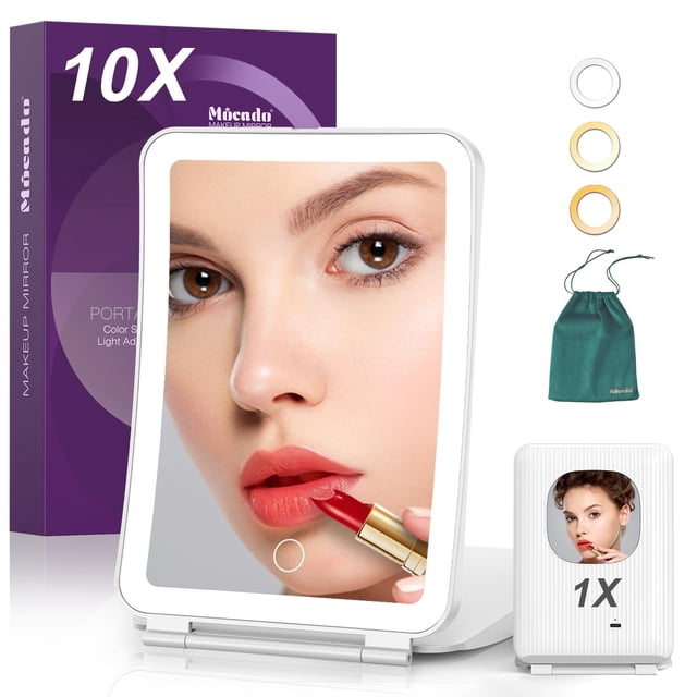 Mocado Espejo de maquillaje de viaje con luz 1x/10x Espejo de aumento con luz 3 colores Espejo de aumento iluminado 2000mAh Espejo de maquillaje iluminado recargable Función de memoria táctil regulabl
