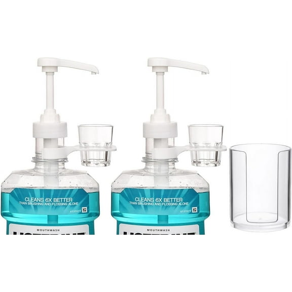 Dispenser Pumps for Listerine 1 or 1.5 Liter Mouthwash Bottles with Cup Holders, Resuable Cups and Clear Plastic Paper Cup Dispenser - Fits Total Care, Original, Zero Alcohol, Cool Mint, etc