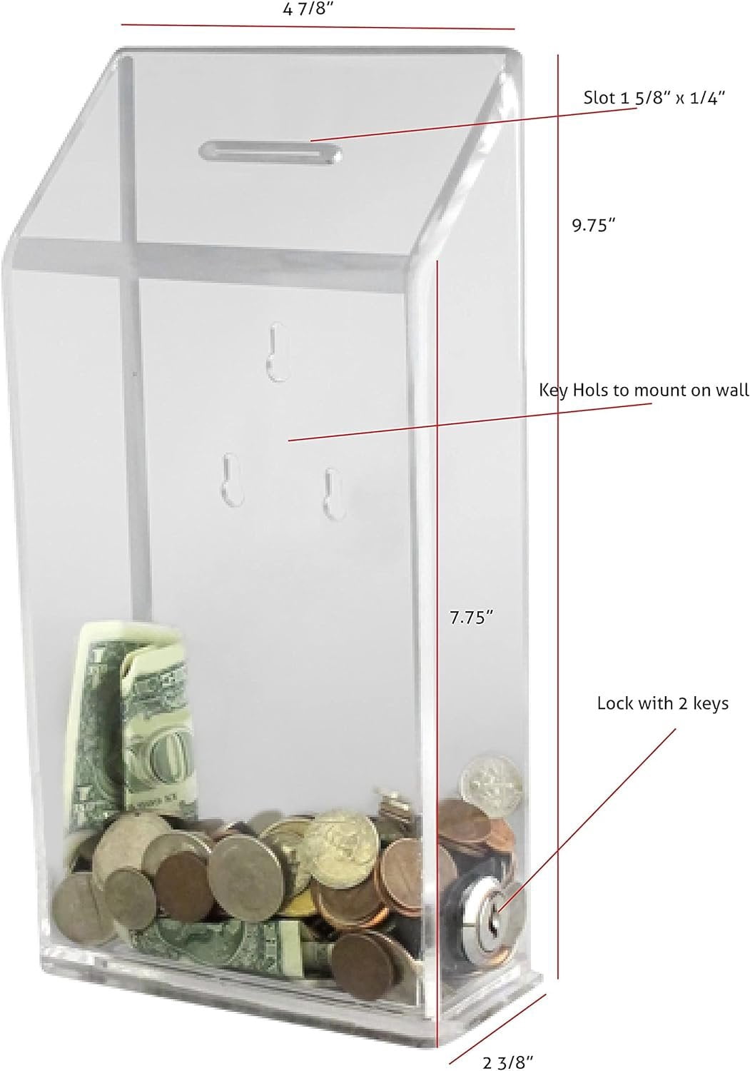 Rectangular Acrylic Donation Suggestion collection Box Pre Drilled Holes For Wall mounted Or Retail Countertop Tip Box with slant top 9.75 x 5 inches, Lock With set of keys Green