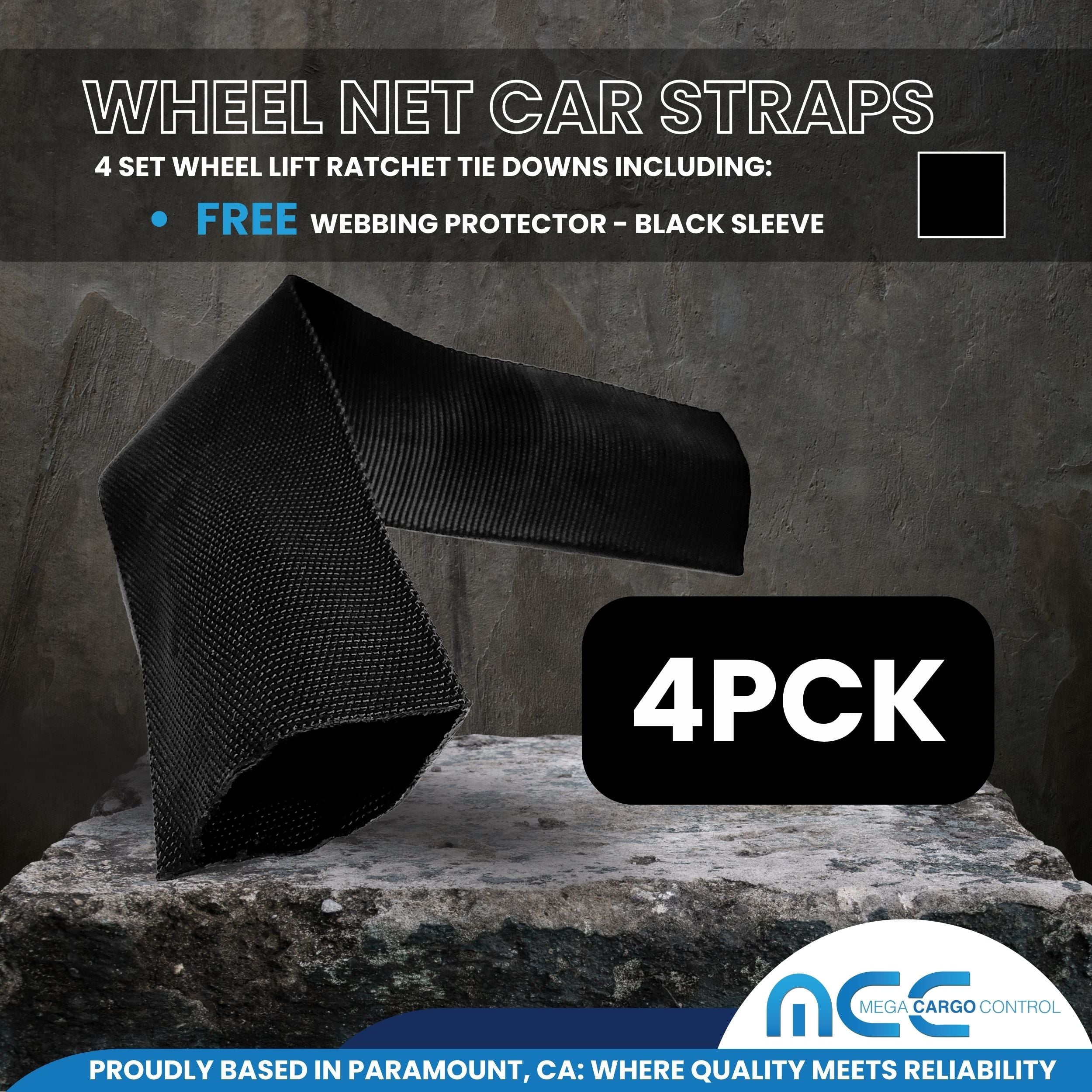 Mega Cargo Control Side Mount Wheel Net Straps with Swivel J Hook Ratchet Buckles, 2" x 10' O-Ring Lasso Strap, 4 Pack, Black