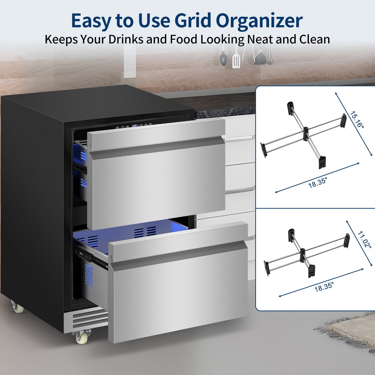24-Inch Beverage Refrigerator Freestanding Or Built-In With Recessed Handle, Drawer Cooler, Under Counter, Locking Swivel Casters, Led Light, And Grid Organizer Home & Commercial Use