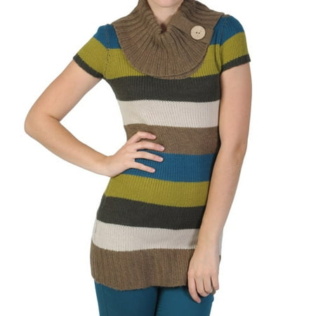 Brinley Co Juniors' Striped Cowl Neck Short-sleeve Tunic