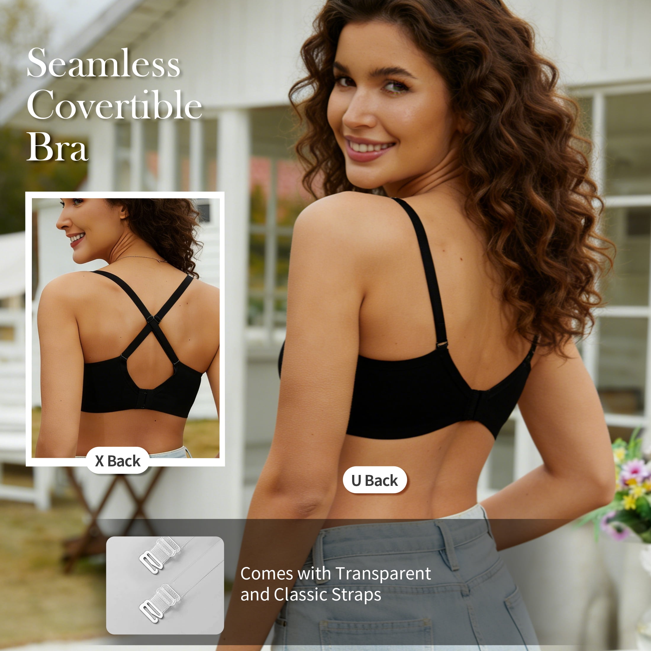 ANYIRIS Push Up Bras for Women Add 1 Cup Wireless Balconette Demi Plunge Multiway Comfort Smooth Everyday T-Shirt Bra Black 40A