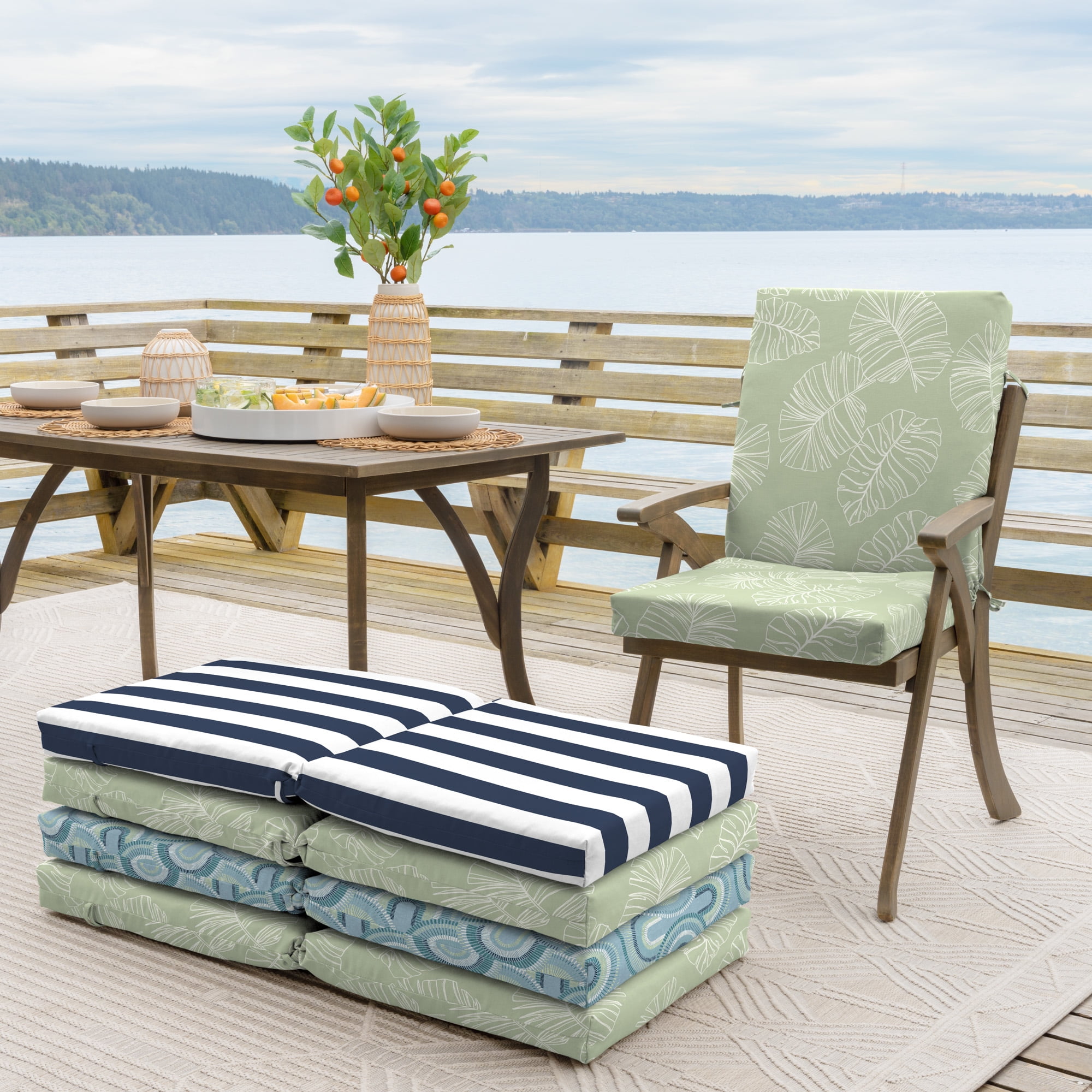ARDEN Outdoor Dining Chair Cushion 20 x 20, Water Repellent, Fade Resistant 20 x 20, Coastal Green Leaf