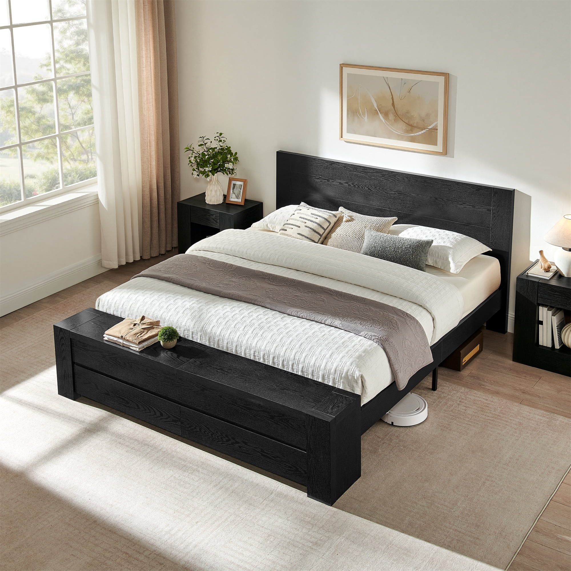 KeyWhat Modern King Size Storage Bed Frame with Panel Headboard, Footboard Storage Bench, Built-In Drawers, Lift-Up Compartments, No Box Spring Needed, Black Oak