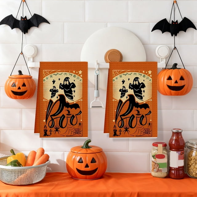 Paño de cocina de Halloween | Microfibra de poliéster | Decoración multicolor de Halloween con calaveras, brujas, murciélagos y gatos negros | Paño de limpieza absorbente y duradero | Accesorio de