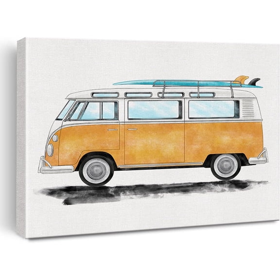 Car Canvas Wall Art Watercolor Transportation Vehicles Orange Van Canvas Painting Prints for Home Kids Bedroom Nursery Wall Decor Framed Artwork Gifts(12x15 Inch)