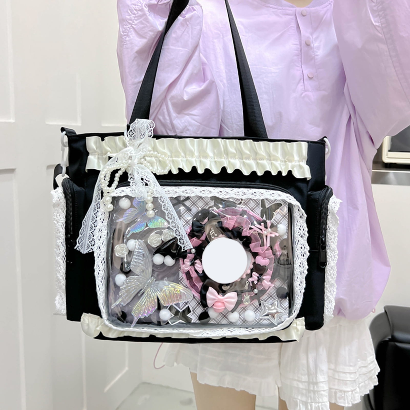 Women Transparent Square Ita Bag with Pin Display DIY Badge Crossbody Bag W/ Zipper & Pendant for Shopping Travel Work Daily Use (Black)