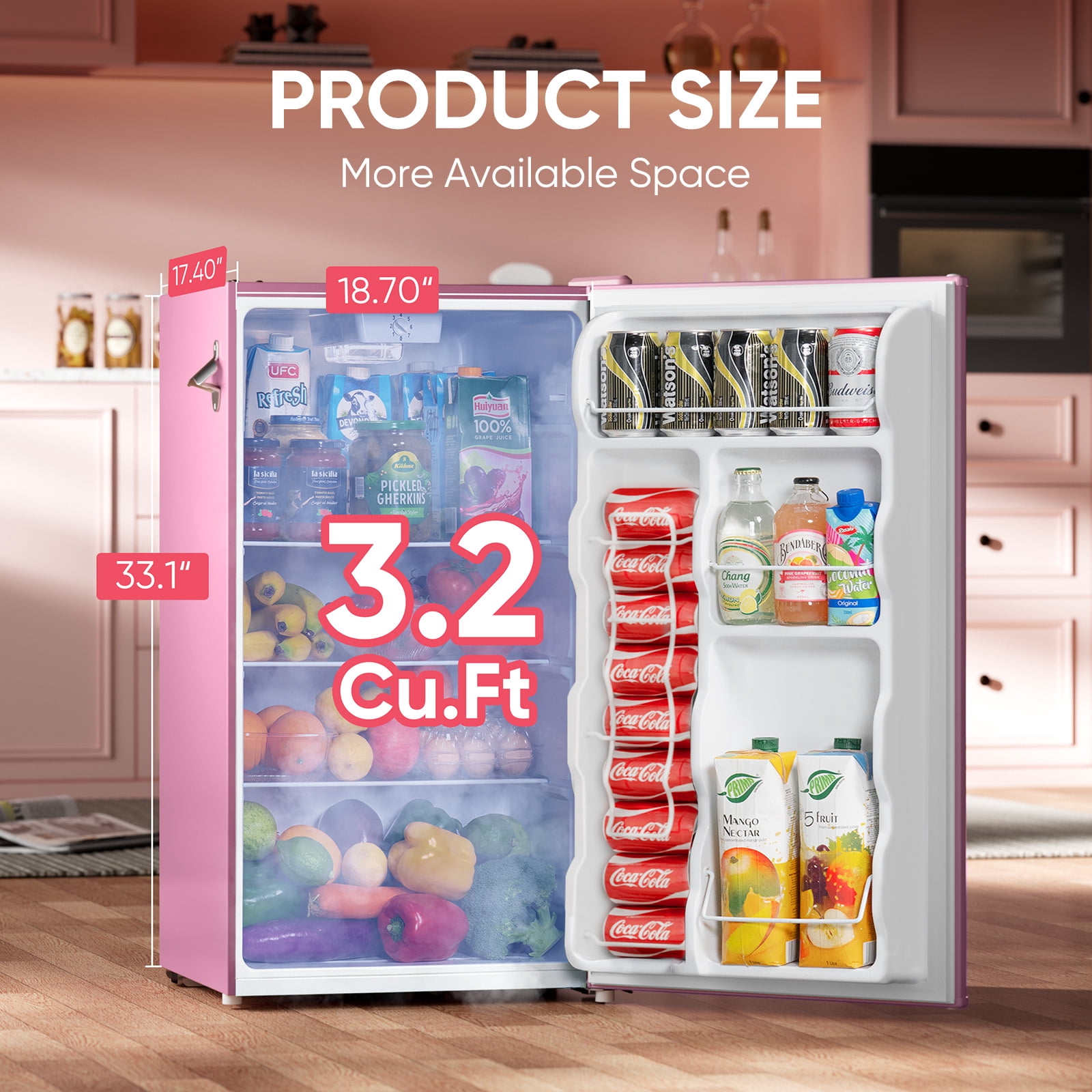 Upstreman 3.2 Cu.ft Retro Compact Fridge with Side Bottle Opener, Single Door Small Refrigerator Retro Bar Fridge, Pink BR321 PRO