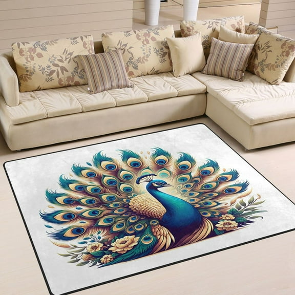 A Peacock Area Rug Washable 80 x 58 Floor Carpet Mat Non Slip for Bedroom Living Room Home Decor