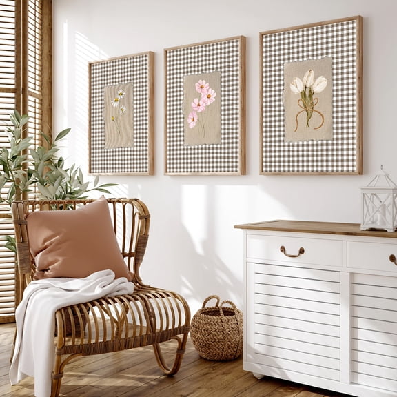 3pcs Brown Gingham Floral Wall Art Set - Vintage-Inspired Canvas Posters with White Daisies & Pink Flowers, Frameless Modern Home Decor for Living Room, Bedroom, Office, or Dining Room, Indoor/Outdo