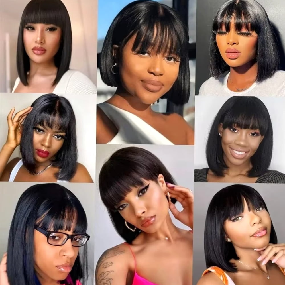 Typpkmm – Durable 8 Straight Bob Wig Human Hair with Bangs 3x1 HD Lace Middle Part Wigs for Women Glueless Wear and Go Bob Wigs 10 Inch, Black
