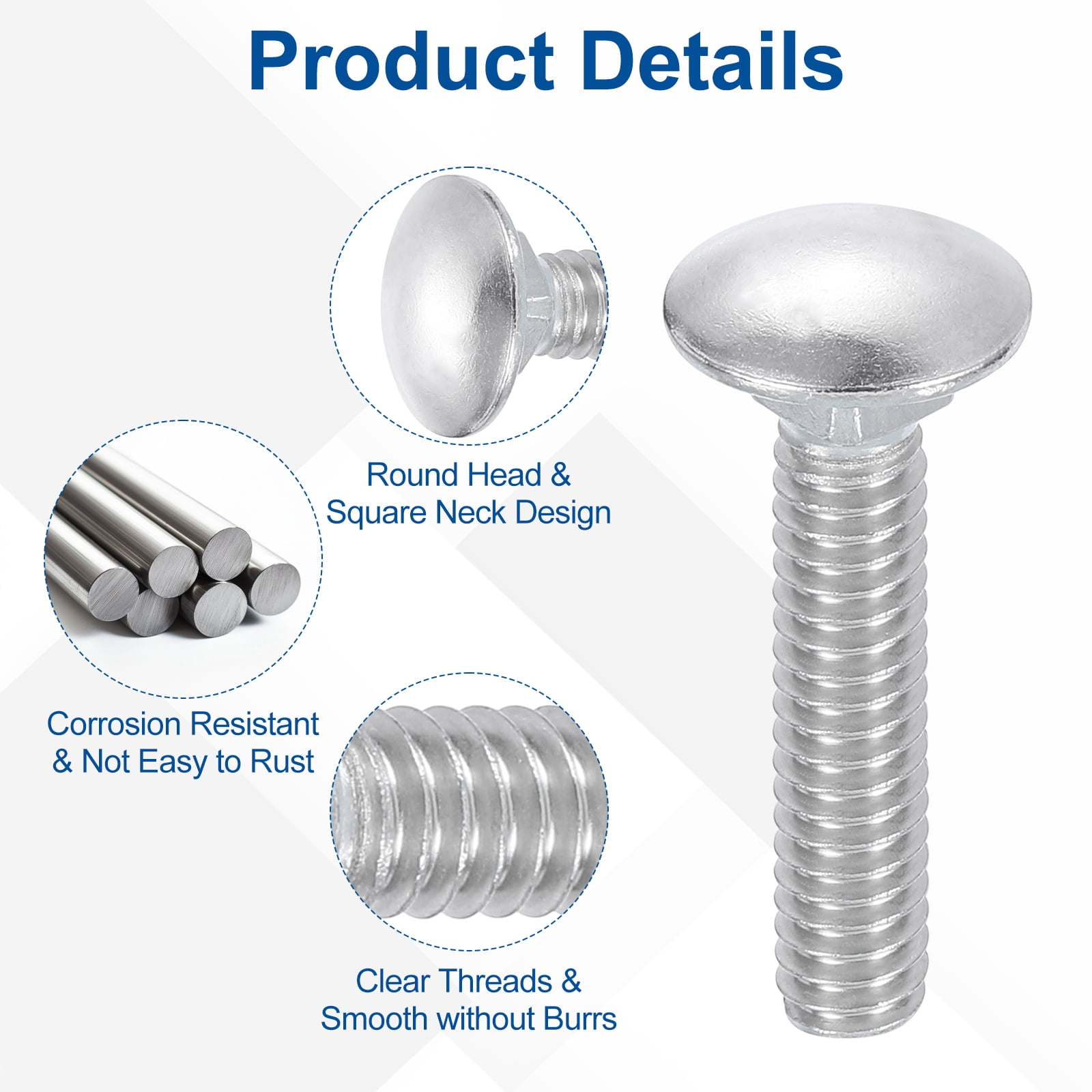 Uxcell 25Pack 1/4"-20x3-1/2" Stainless Steel Carriage Bolts Round Head Square Neck, Silver