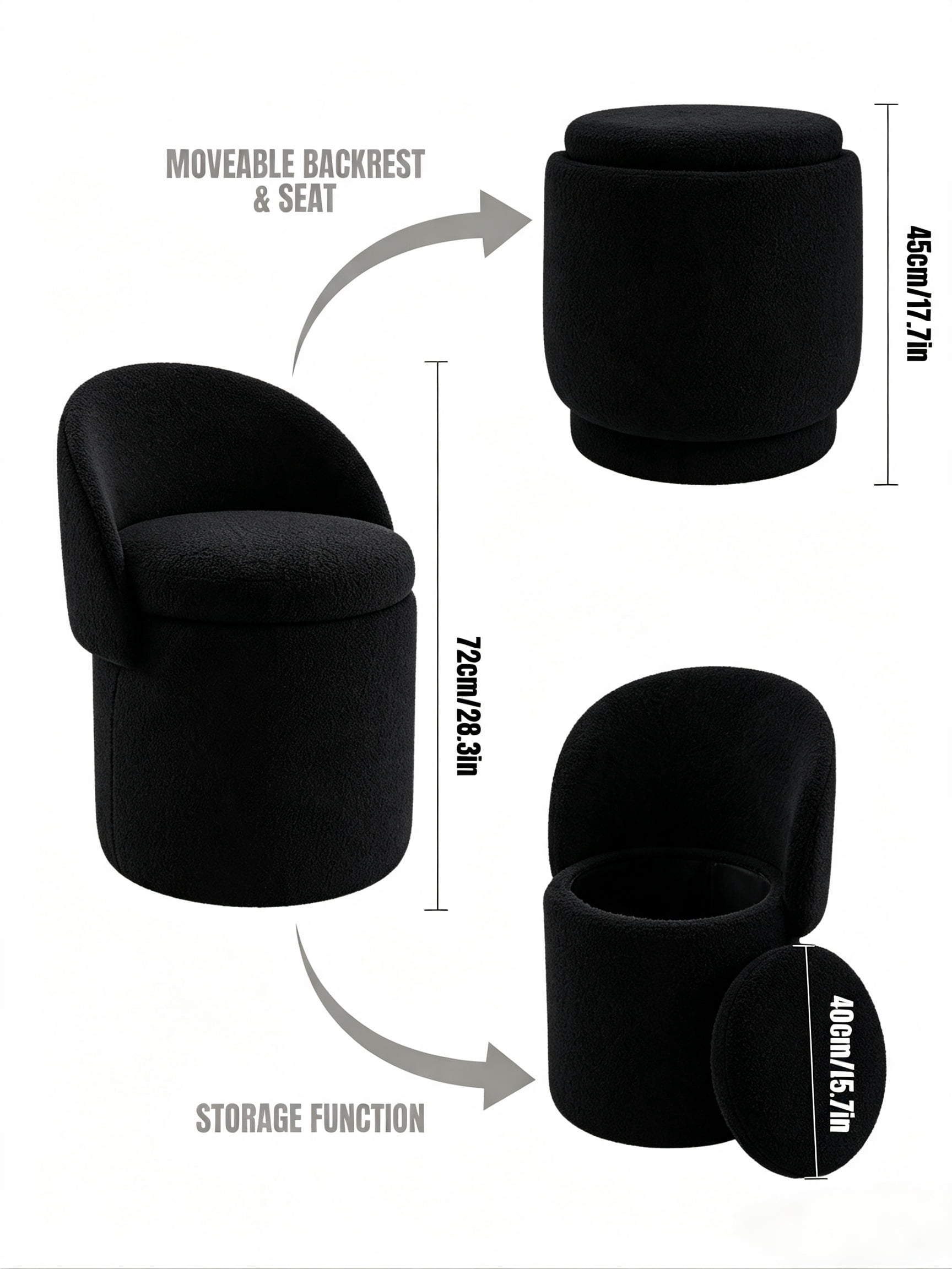Makeup Stool 15.7 Inch, Vanity Stool with Storage and Foldable Backrest for Bedroom and Dressing Room, Upholstered Accent Chair for Living Room, Black