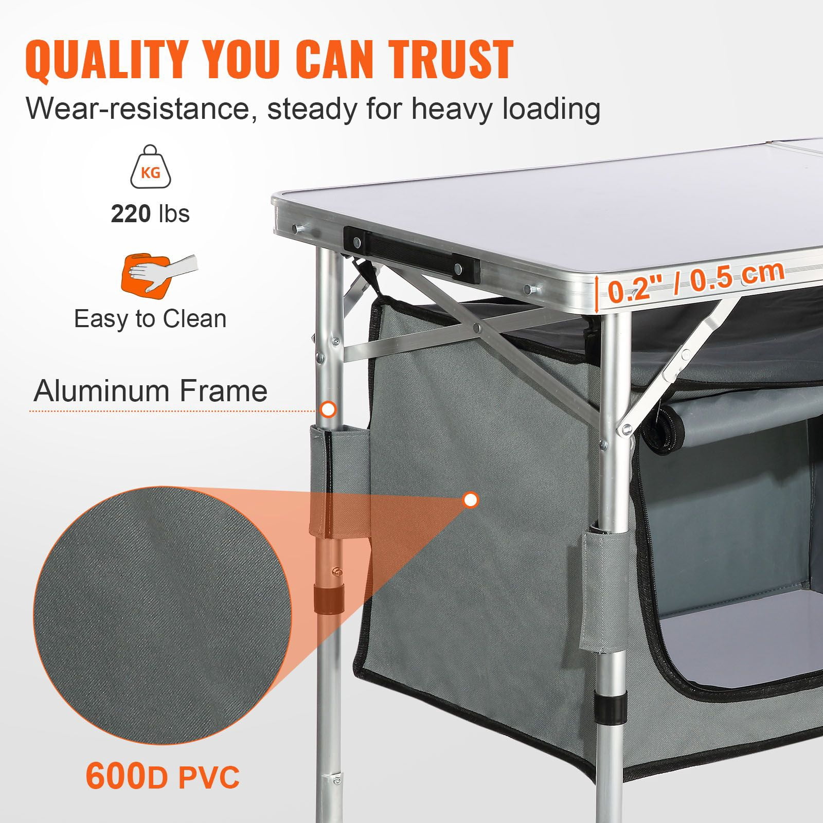 Folding Camping Kitchen Table with Carry Bag, 3 Adjustable Heights Outdoor Cook Station Powder Coated Aluminum Frame MDF Countertop Zipper Storage for Picnic BBQ RV Travel