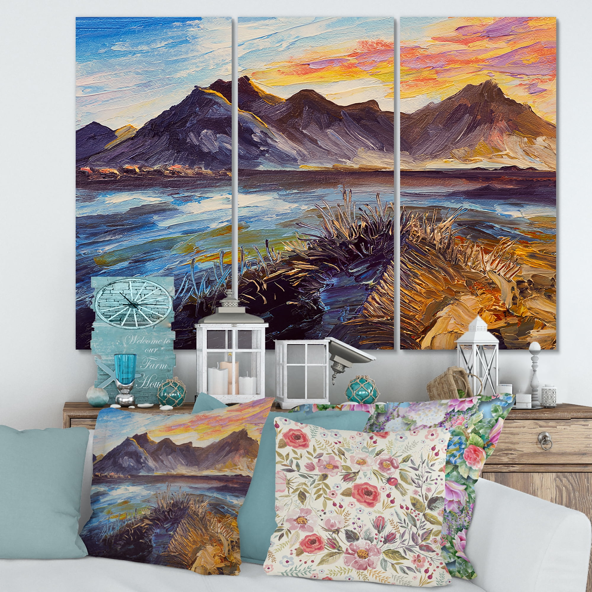 Designart ' Impression Pink Sunset Over The Mountains By The Sea ' Nautical & Coastal Canvas Wall Art Print