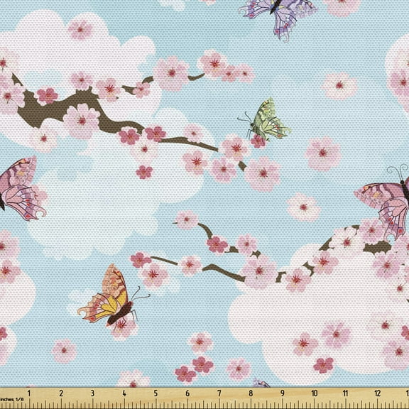 Ambesonne Cherry Fabric by the Yard Upholstery, Butterflies Sakura, 2 Yards, Multicolor