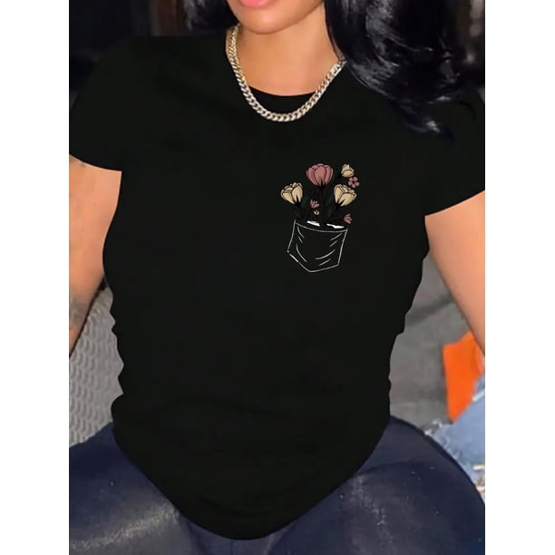 Camiseta De Mujer De Verano Suave Y Ligera Básica Para Llevar DeportesPocket Floral Creative Simple Abstract Pattern Print Women's Fashion Trendy Round Neck Short Sleeve, Simple Casual Sports T-shir
