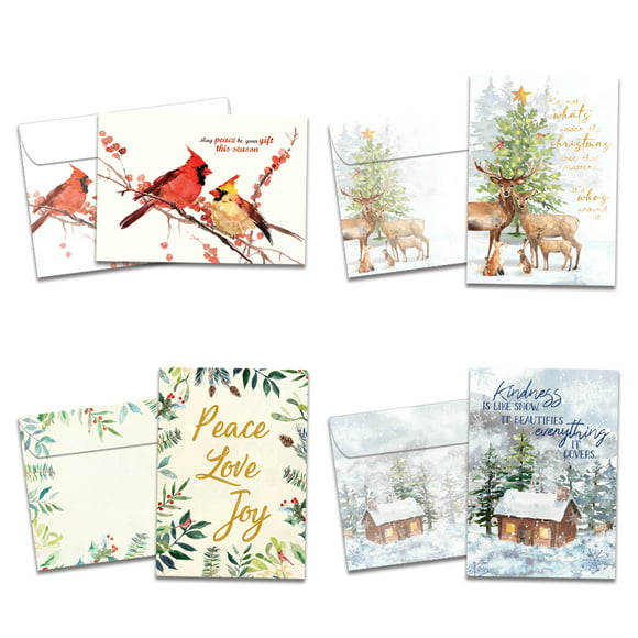 Tree-Free Greetings 16 pack Card Assortment with matching envelopes,Eco Friendly,Made in USA,100% Recycled Paper,5"x7" Woodland Watercolor Variety Holiday Collection (GP54092)