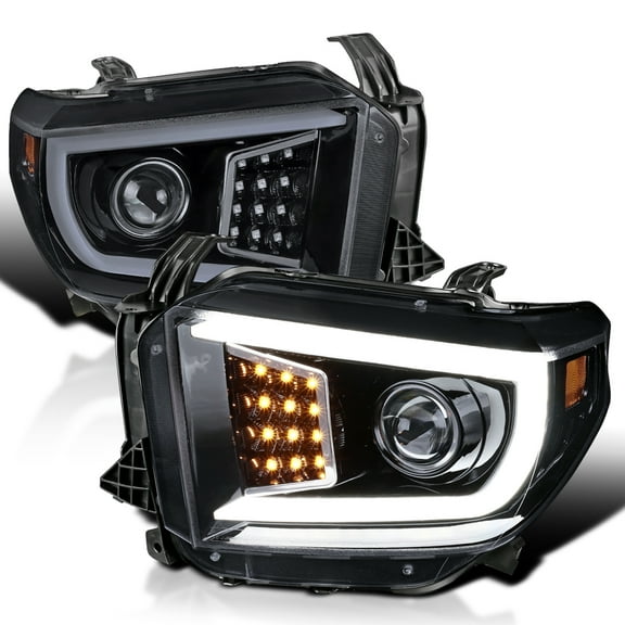Spec-D Tuning Glossy Black Smoke LED Light Bar Projector Headlights w/ Sequential LED Signal Compatible with 2014-2021 Toyota Tundra, Left Right Pair Headlamps Assembly