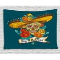 thumbnail image 1 of Day Of The Dead Decor Tapestry, Mexican Festive Hat Skull with Roses Print, Wall Hanging for Bedroom Living Room Dorm Decor, 60W X 40L Inches, Petrol Blue Turquoise Orange Marigold, by Ambesonne, 1 of 2