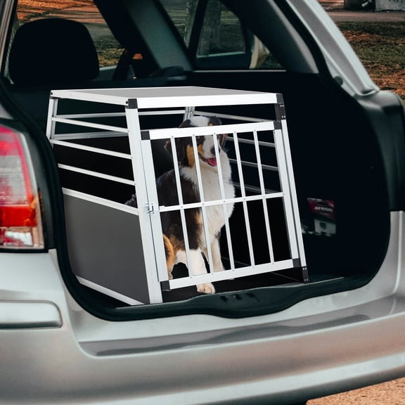 Large Dog Crate 36x26x27in, Heavy Duty Aluminum Travel Carrier with Locking Door, Airline Approved Pet Transport Box for Medium Large Dogs, Foldable & Easy Clean Black Silver Pet Crate