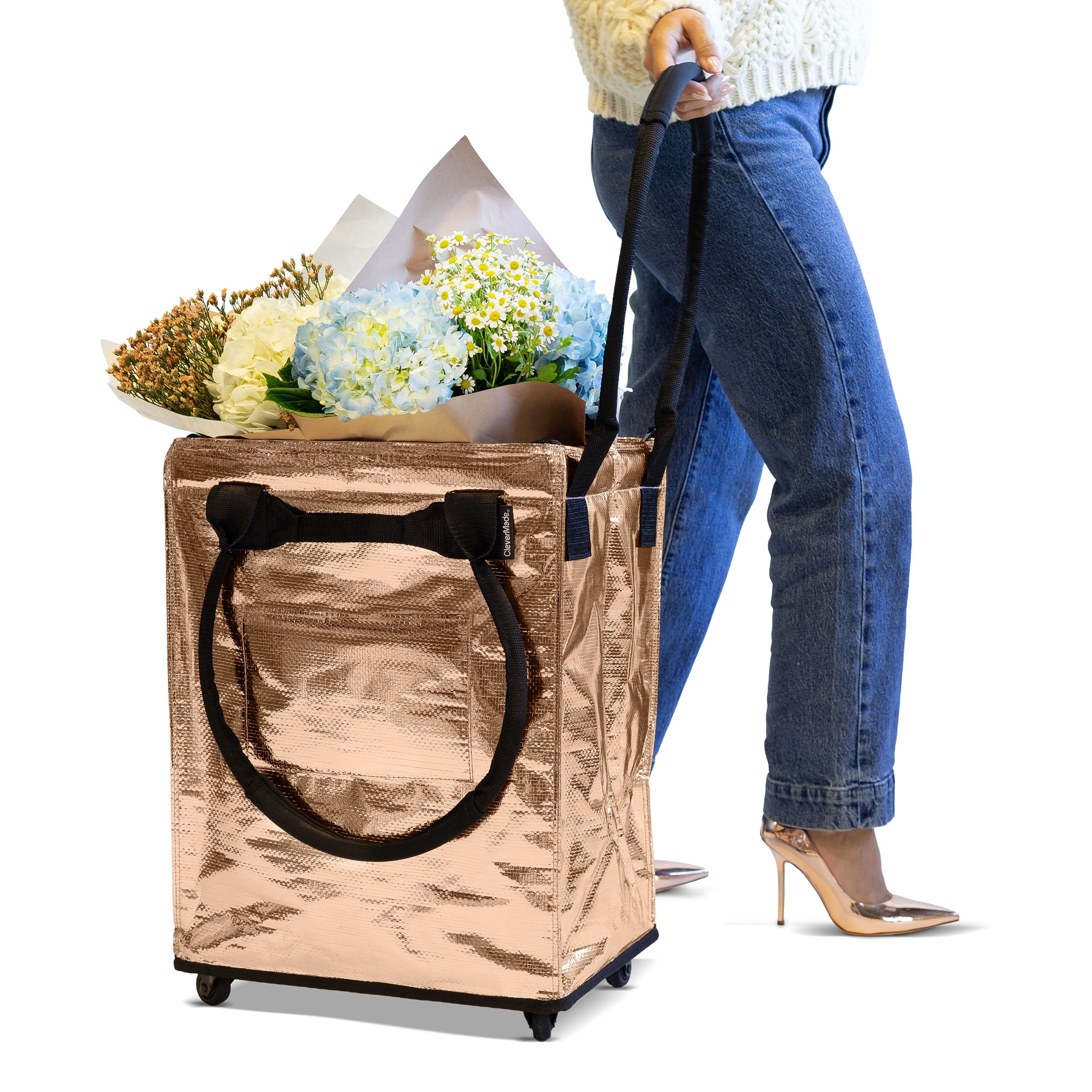 CleverMade Rolling Tote Cart 62L Collapsible Wheeled Bag, Rose Gold