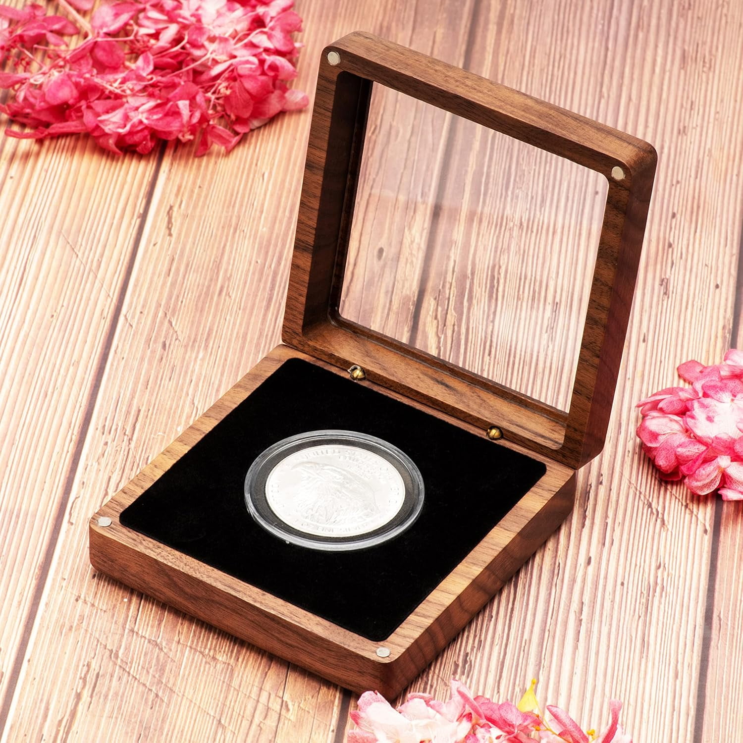 Single Walnut Wood Challenge Coin Presentation Display Box Storage Case with Clear Top and Plastic Coin Capsules with Adjustable Gasket