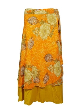 Mogul Women Orange Yellow Silk Sari Wrap Skirt Double Layer Reversible Bikini Cover Up Resort Wear Sarong Dress