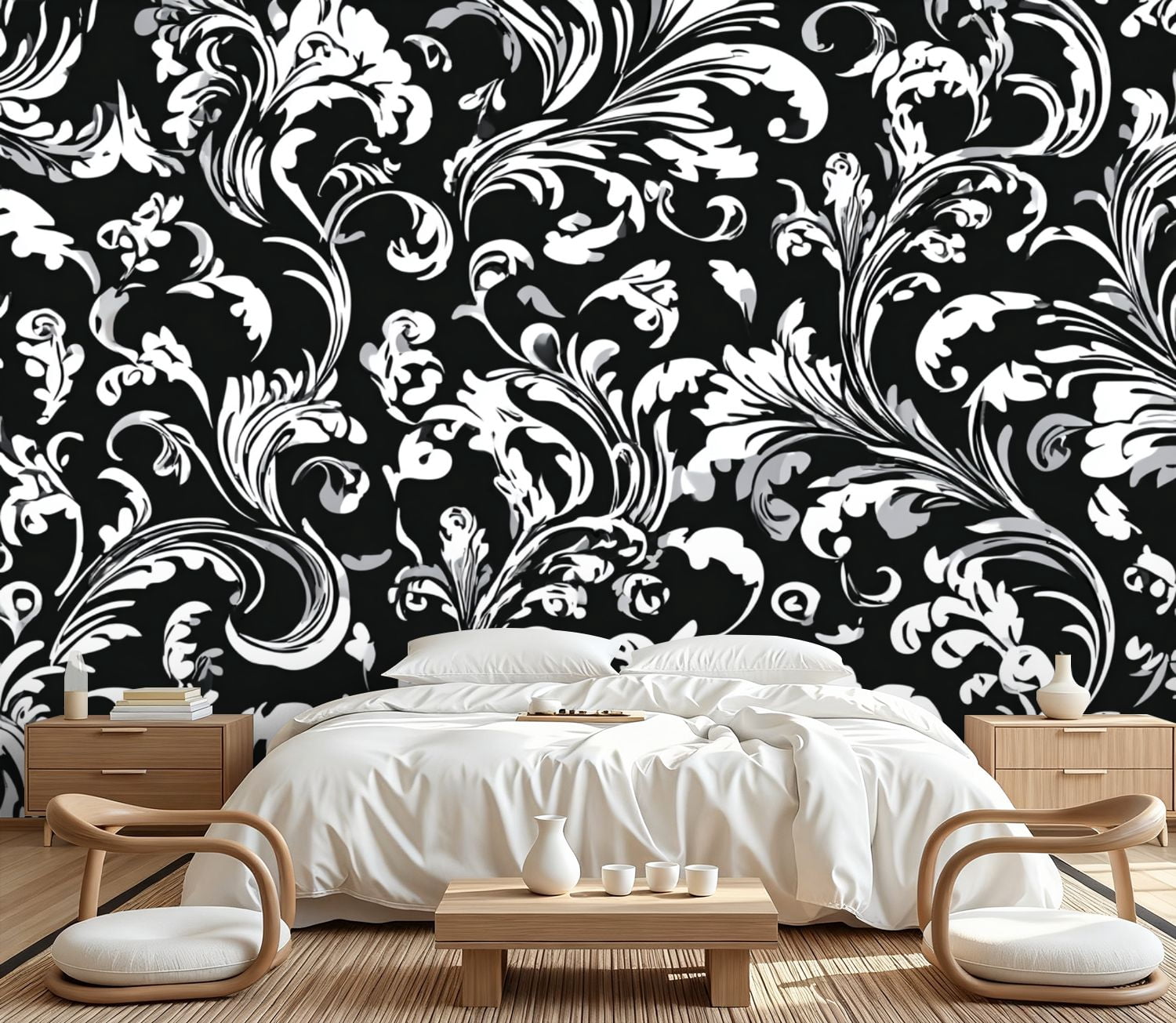 Wall Mural Peel and Stick Floral baroque damask Seamless Black white ornament Self-Adhesive Wallpaper Removable Wall Decal Wall Sticker Home Decor for Living Room Bedroom 100"x144"