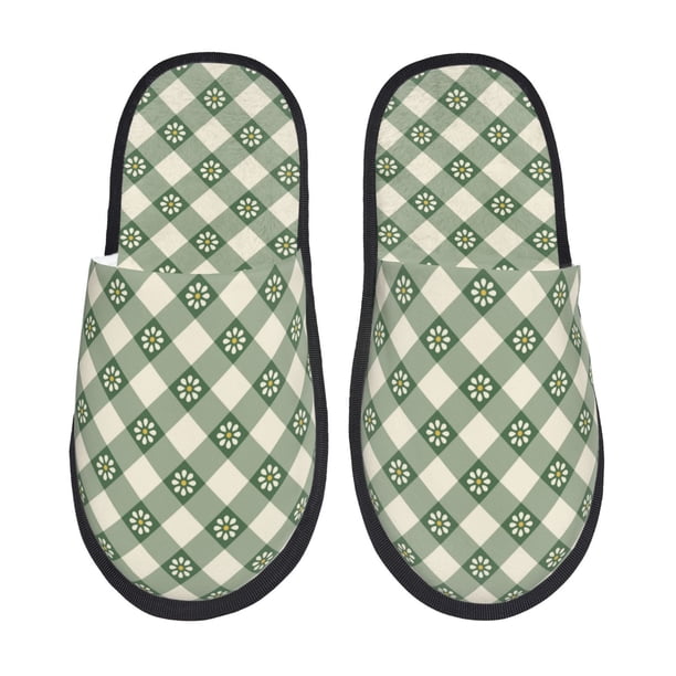 Balery Daisy Plaid Green Pantuflas de Casa de Felpa Silenciosas con Diseño Estampado, Zapatillas Cómodas Antideslizantes de Algodón para Interior-Medium