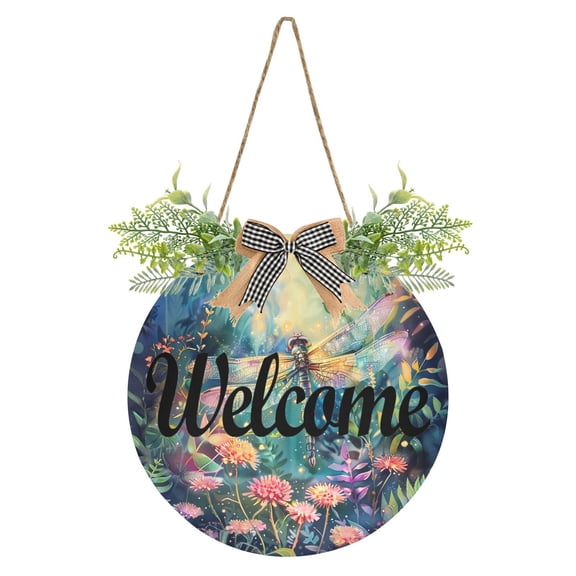 Dragonfly Garden Flowers Welcome Sign for Front Door Wreath Door Sign for Farmhouse Porch Decoration Indoor Outdoor