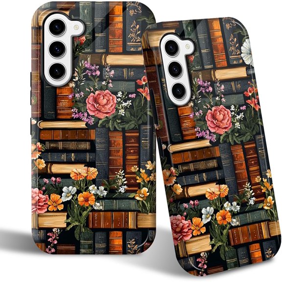 Phone Case for Samsung Galaxy S23, 2 Layers Full Body Protective Cover with Bookshelves Flowers Printed Design, Anti-Scratch Hard Back & Soft TPU Bumper Slim Fit Case for Girls Women