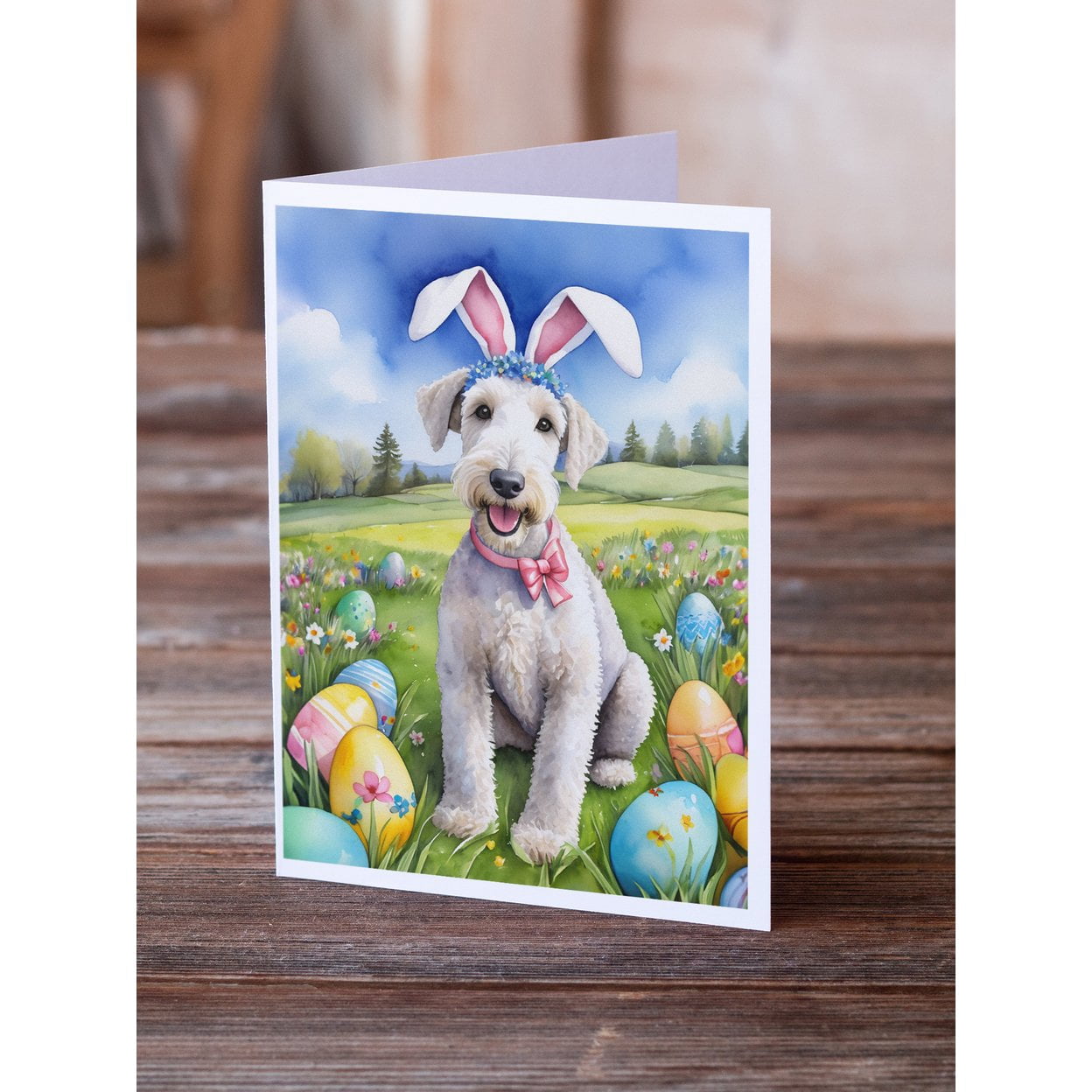 Bedlington Terrier Easter Egg Hunt Greeting Cards Pack of 8 7 in x 5 in