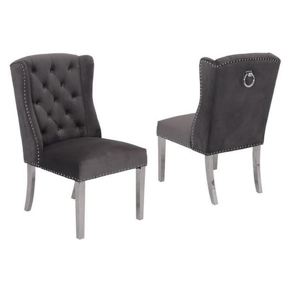 Double Tufted Gray Velvet Side Chairs with Silver Stainless Steel Legs