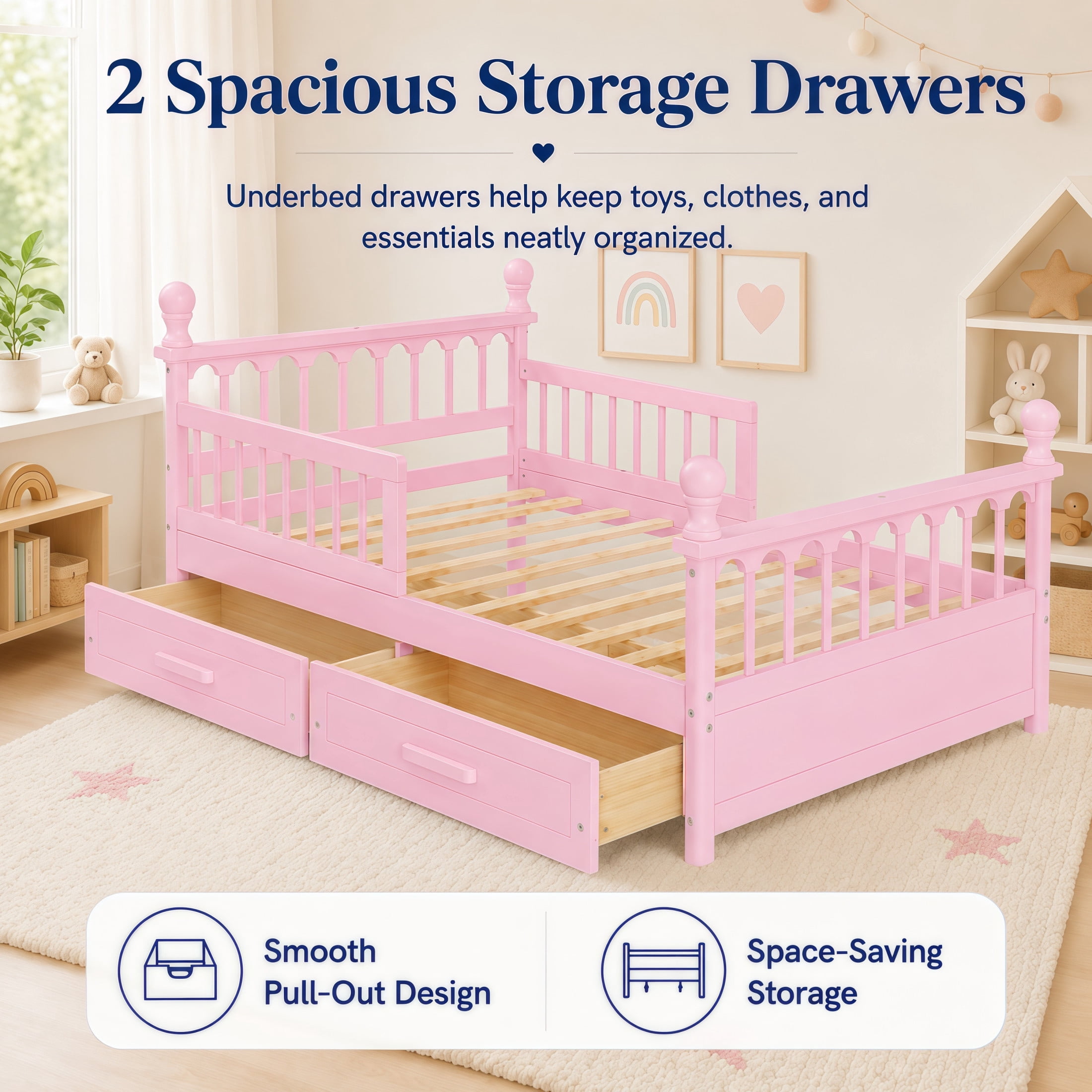 Noble House Orielle Full Kids Bed Frame with Storage Drawers, Low-Profile Platform Bed with Safety Guardrails, Pink