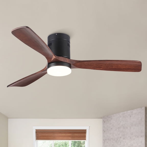 Wellspeed 52 in. Low Profile Ceiling Fan with Light Flush Mount Ceiling Fan with Remote Control Dimmable LED Light 3 Reversible Walnut Wood Blades Noiseless DC Motor 6 Speed with Timer