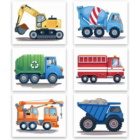 Watercolor Truck Wall Art Print,Boys Truck Wall Art ，Watercolor Construction Car Canvas Prints Poster，Kids Baby Room Playroom Home Decor Set of 6(10"x 8" Unframed)