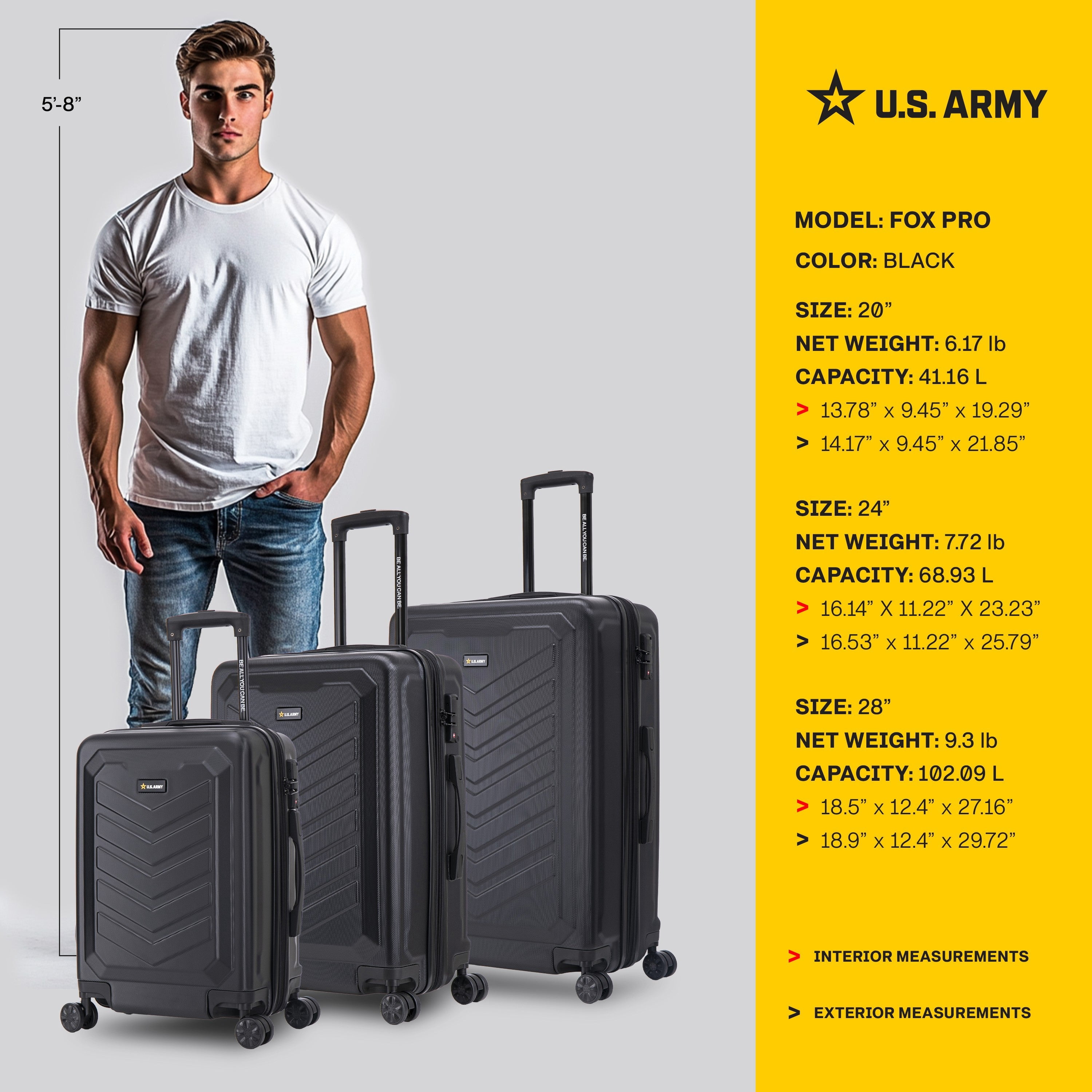 US ARMY FOX PRO 3-piece Luggage Set 20"/24"/28" Expandable Suitcases with TSA Lock Black