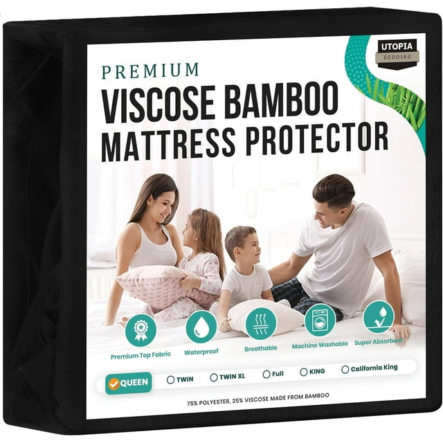 Premium Waterproof Mattress Protector, Viscose Made from Bamboo Mattress Cover, Breathable, Fitted Style with Stretchable Pockets (Black, Queen)