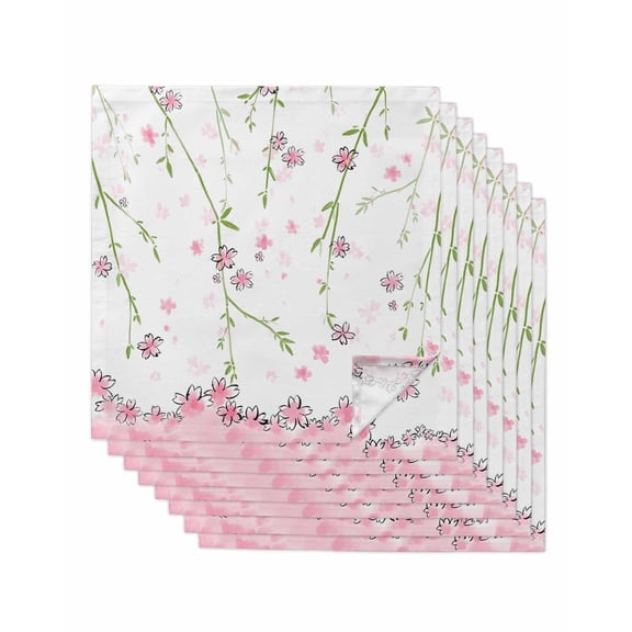 Pink Flowers Cloth Napkins Set of 8 Reusable Dinner Napkins, Cartoon Botanical Floral Vines Leaves Cocktail Napkin Washable Table Napkins for Wedding/Holiday Party/Baby Shower 20"x20"