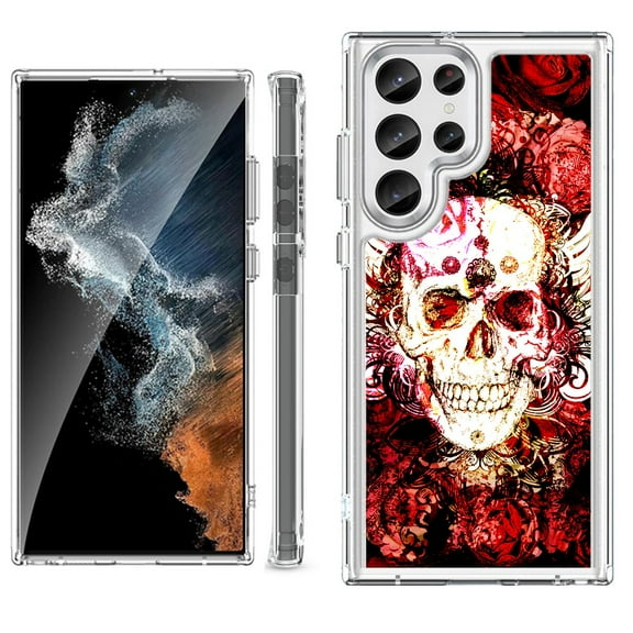 Shockproof Bumper Phone Case for Samsung Galaxy S23 Ultra 5G, by OneToughShield ® - Rose Skull