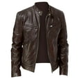 thumbnail image 3 of Leather Jacket Men Men's Solid Color Long Sleeved Casual Leather Jacket Long Sleeve Hoodless Faux Leather Outwear Jackets Plus Size Leather Jacket Brown 2XL, 3 of 4
