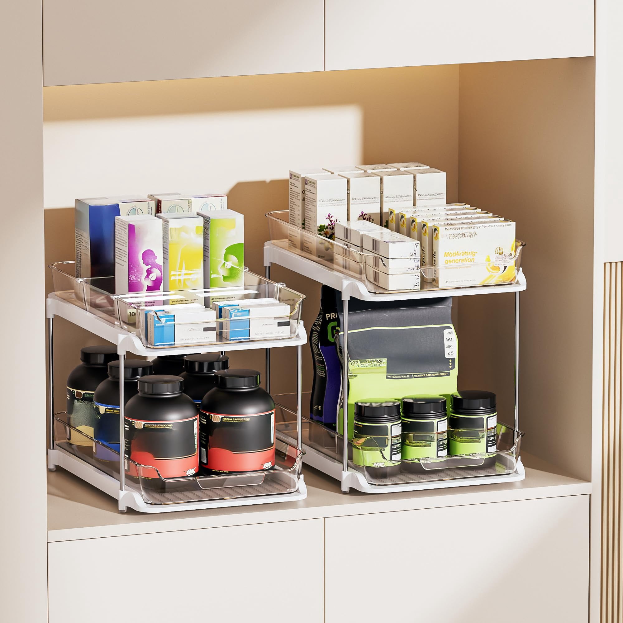 2-tier Multi-purpose Bathroom Under Sink Organizers And Storage  Stackable Kitchen Pantry Organization Pull Out Cabinet Organizer With Movable Dividers White 2 Pack
