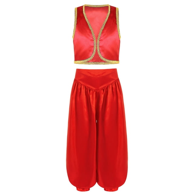 TiaoBug Gilet Arabe pour Enfants Filles Garçons Personnage de Conte de Fées avec Ensemble de Bloomers en Satin Rouge 12