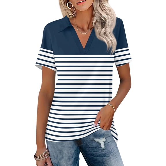 OIOLOYJM Women's Polo Shirts Striped Short Sleeve V-Neck Golf Shirts Summer Lapel Collar Sports Lightweight Tennis Shirts Fashion Work Pullover Tops Navy L