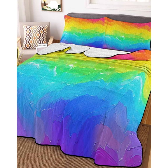 Rainbow Oil Painting Queen Size Down Alternative Comforter, Lightweight Comforter Quilt Bedding Set with Pillow Shams Watercolor Colorful Abstract Art All Seasons Bed Comforter Duvet Insert 90"x96"