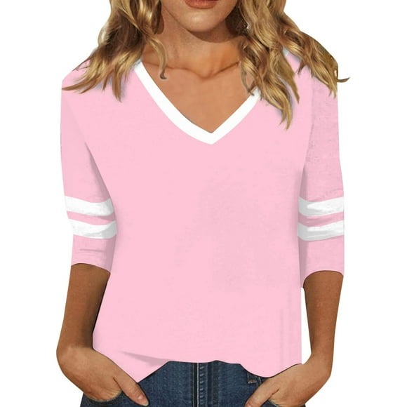 WEIYLL Tshirts Shirts for Women V Neck 3/4 Sleeve Striped Spring Summer Pink Tops Sizes XL